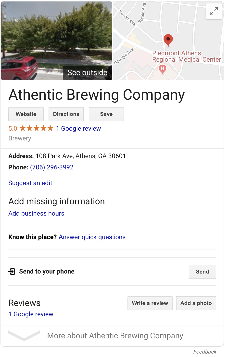 Athentic Brewing Co. Google listing